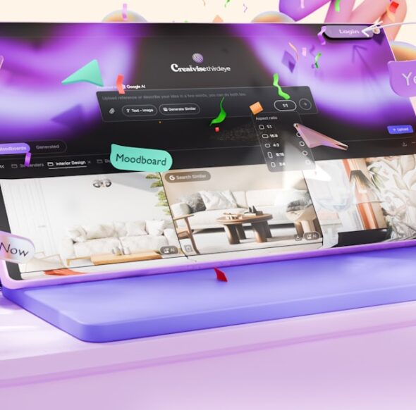 Laptop showing an AI image generator for realistic photos with text to image controls and generated results