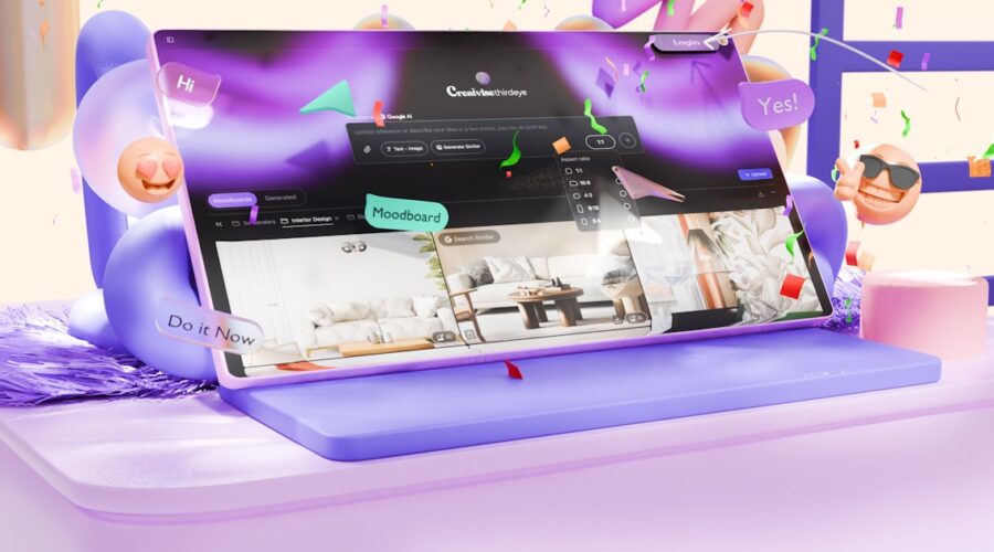 Laptop showing an AI image generator for realistic photos with text to image controls and generated results