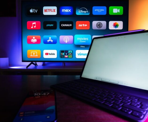TV showing global and regional streaming apps side by side, the region-locked catalogs a VPN to bypass geo restrictions opens up