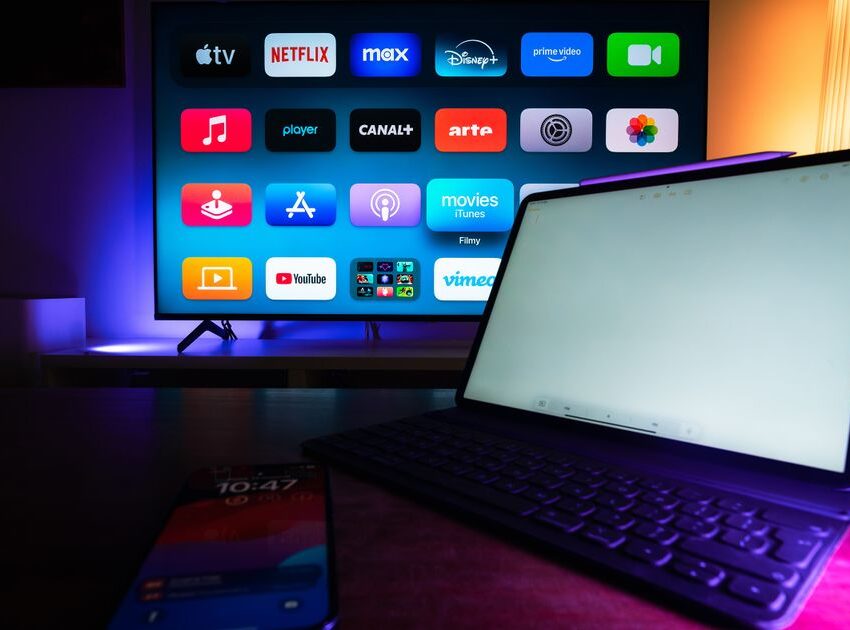 TV showing global and regional streaming apps side by side, the region-locked catalogs a VPN to bypass geo restrictions opens up