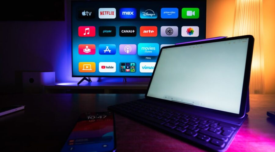 TV showing global and regional streaming apps side by side, the region-locked catalogs a VPN to bypass geo restrictions opens up