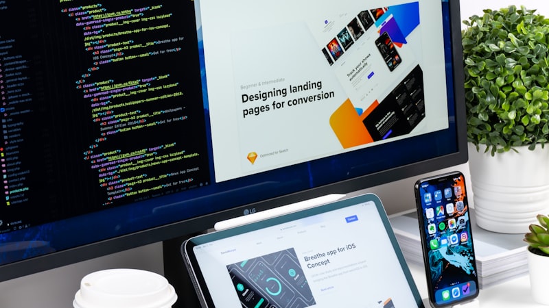 Website code and a landing page design open on screen, the build-it-yourself side of WordPress AI tools for online shops