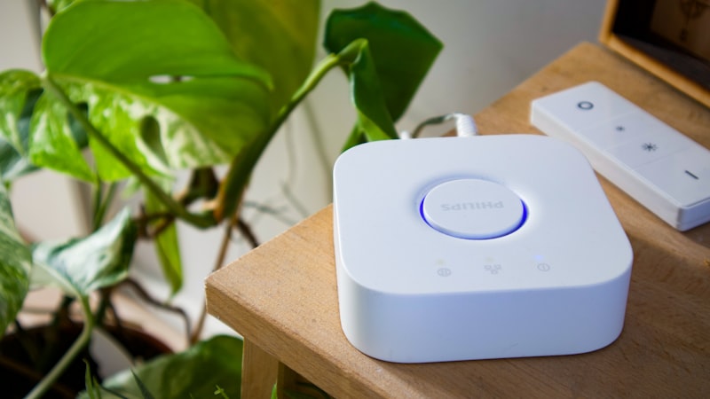 Smart home hub on a table, the bridge that connects a keyless smart door lock to your phone