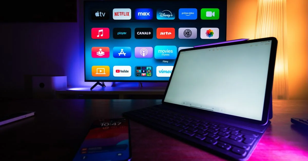 TV showing global and regional streaming apps side by side, the region-locked catalogs a VPN to bypass geo restrictions opens up