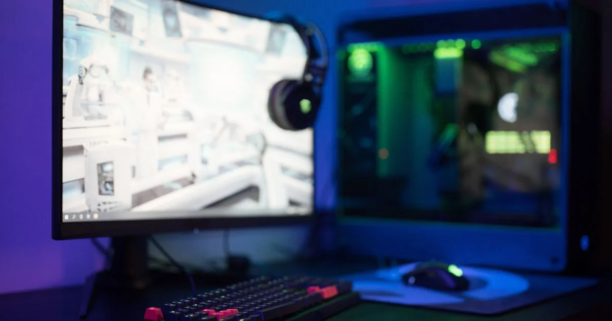 Curved gaming monitor on a desk with an RGB keyboard, the kind sold as a best gaming monitor under $300