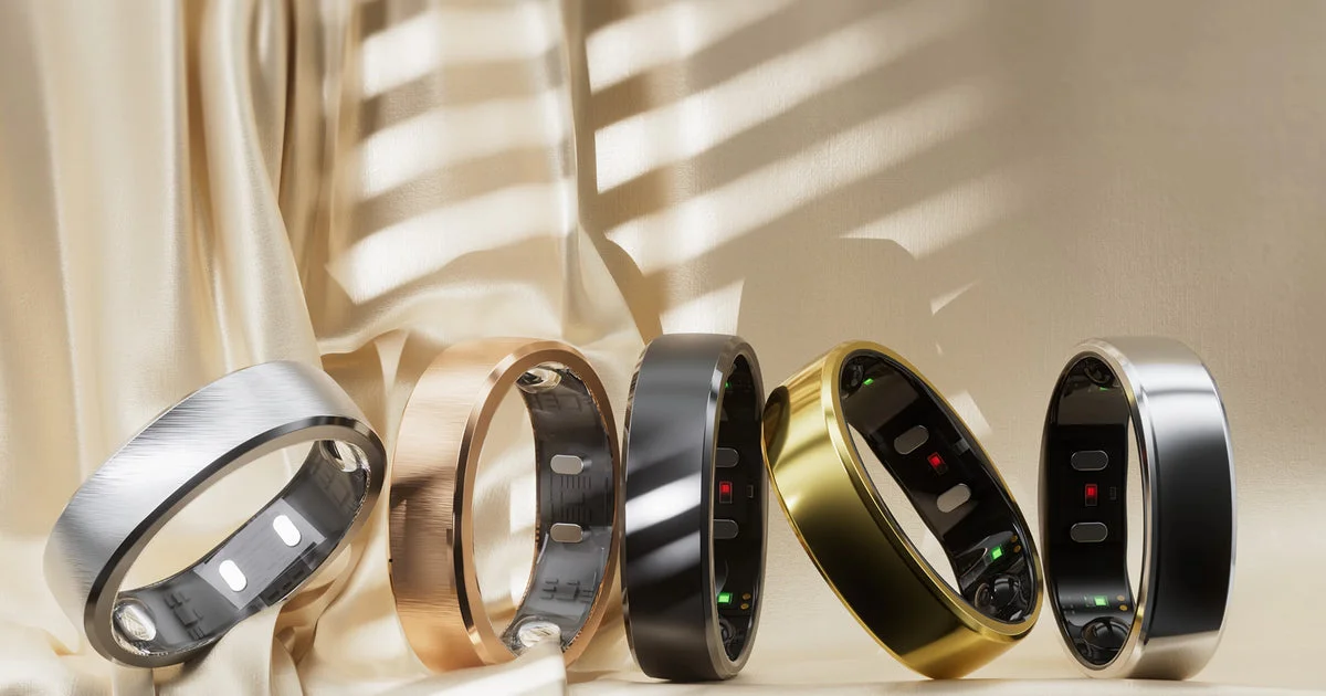 Row of RingConn smart rings in five finishes, the ring side of smart ring vs smartwatch