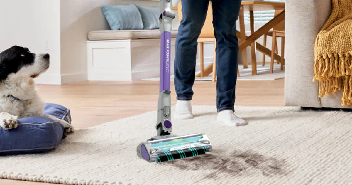 Shark PowerDetect cordless stick vacuum cleaning a rug next to a dog, the battery side of a cordless stick vacuum vs corded comparison