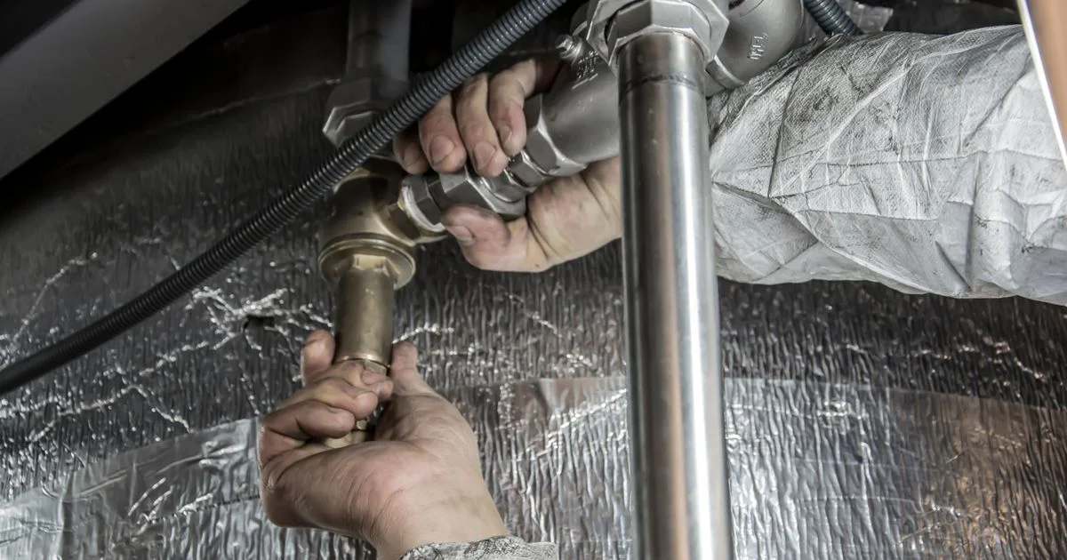 Plumber installing steel water pipes indoors, the kind of connection a water leak detector monitors